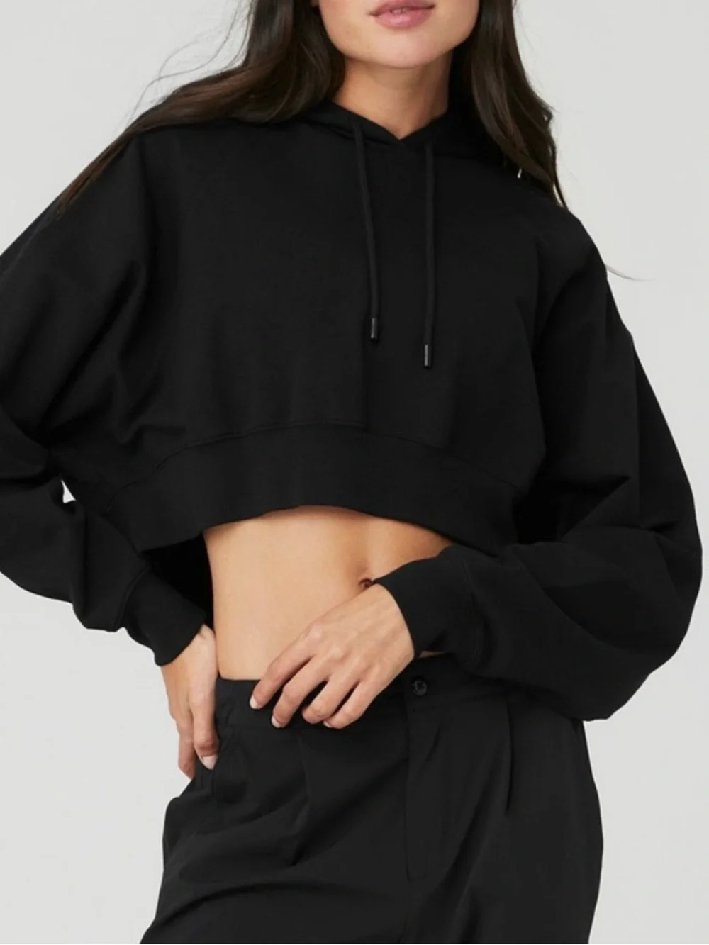 Alo Yoga Cropped Double Take Hoodie Pullover Small Black French Terry Relaxed
